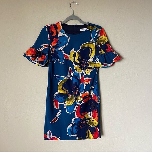 Trina Turk Mini Colorful Dress Short Sleeve Floral Stretch Crepe Shift Size XS - Picture 9 of 12